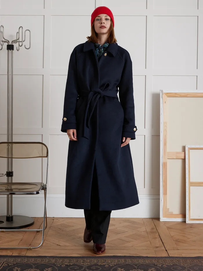 Women Cyrillus Clothing MidLength Double Woolen Fabric Wrap Around Coat Encre