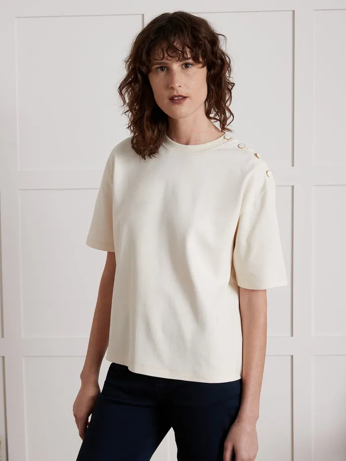 Women Cyrillus Clothing Organic Cotton TShirt With Round Button Neckline Craie