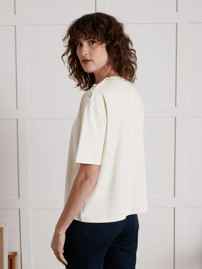 Women Cyrillus Clothing Organic Cotton TShirt With Round Button Neckline Craie
