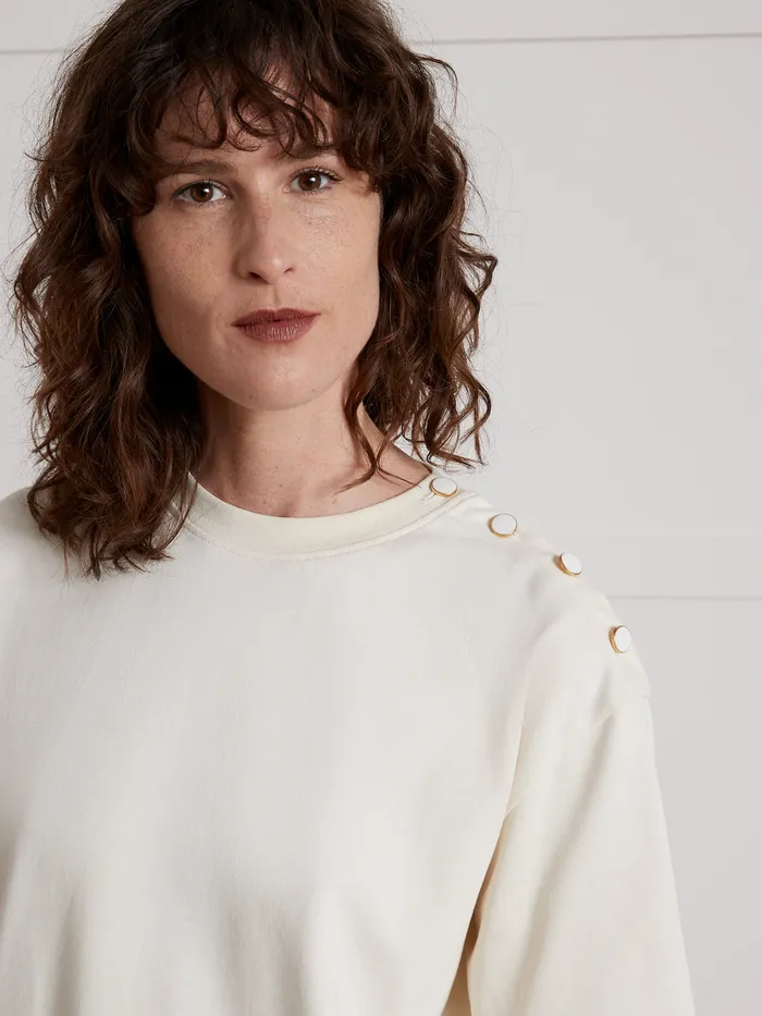 Women Cyrillus Clothing Organic Cotton TShirt With Round Button Neckline Craie