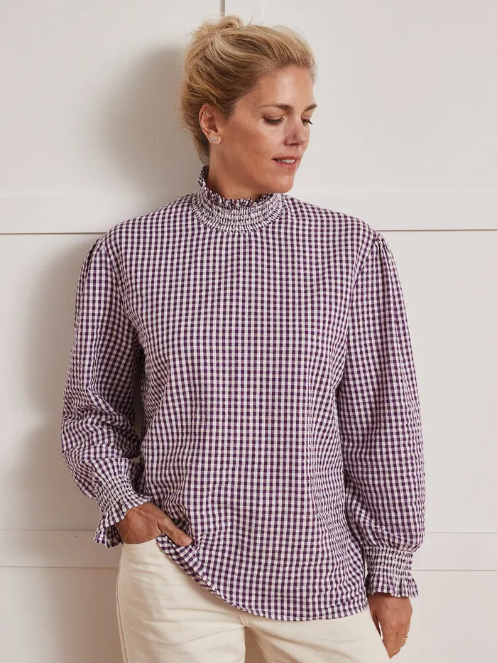Women Cyrillus Clothing Tilda Gingham Check Blouse 8211 Apaches Collection Violet