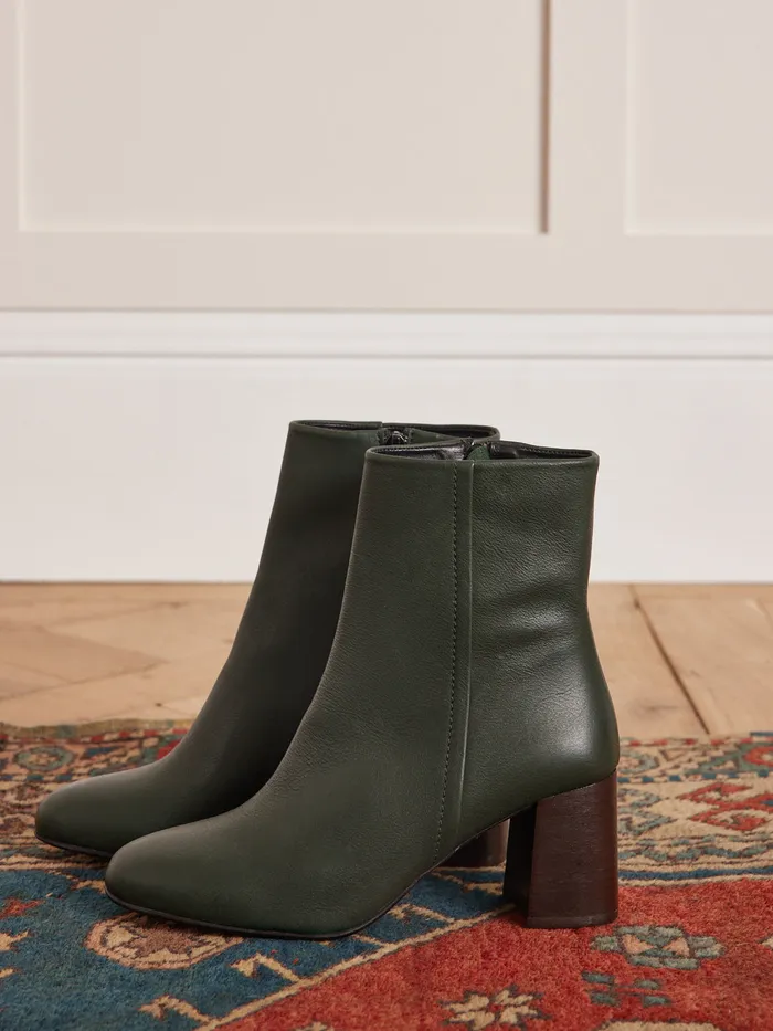 Women Cyrillus Shoes Leather Ankle Boots With Square Heel Vert Anglais