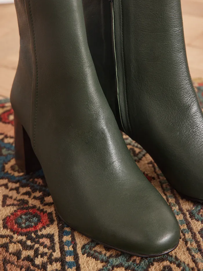 Women Cyrillus Shoes Leather Ankle Boots With Square Heel Vert Anglais