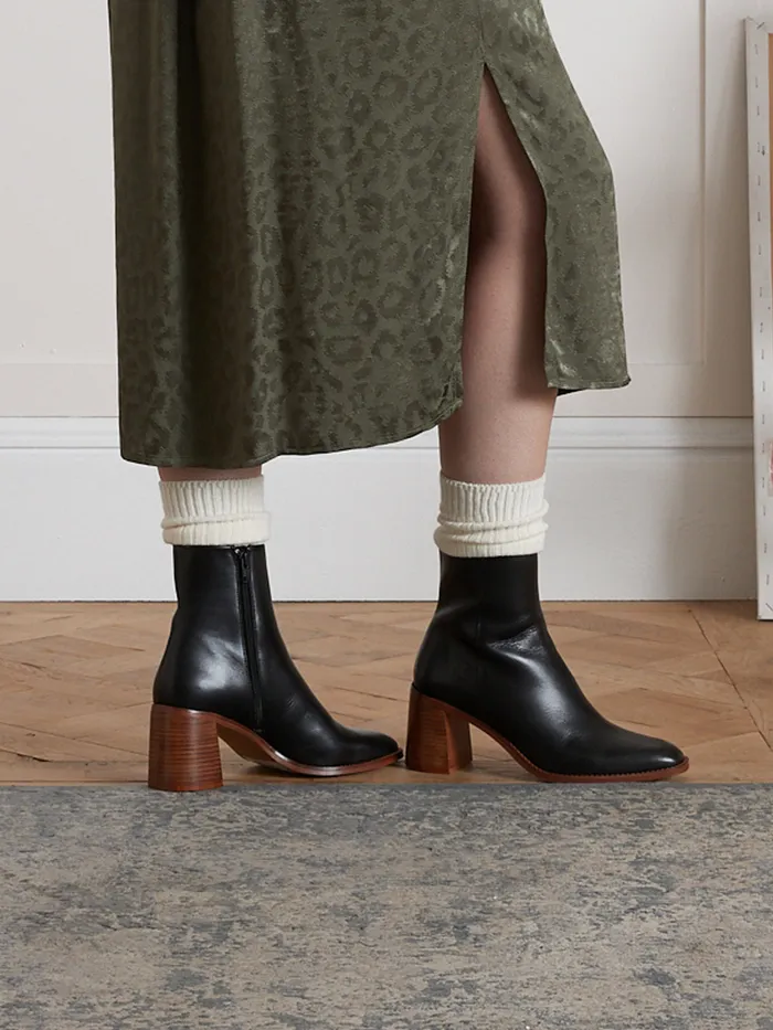 Women Cyrillus Shoes Leather Ankle Boots With Square Heel Vert Anglais