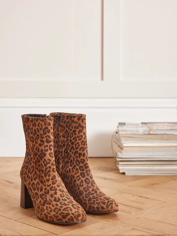 Women Cyrillus Shoes Leopard Print Heeled Ankle Boots Peau De Bete