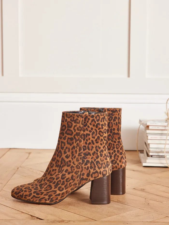 Women Cyrillus Shoes Leopard Print Heeled Ankle Boots Peau De Bete