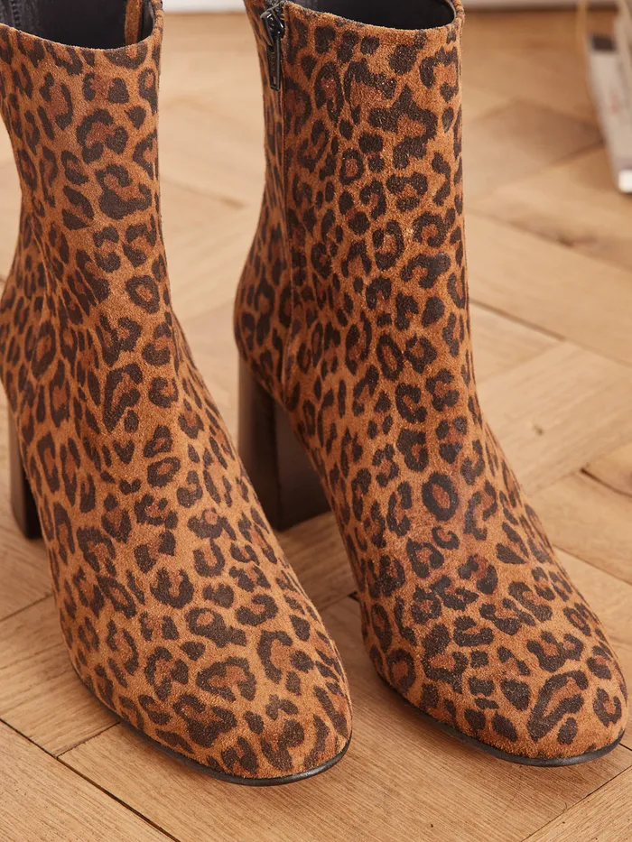 Women Cyrillus Shoes Leopard Print Heeled Ankle Boots Peau De Bete