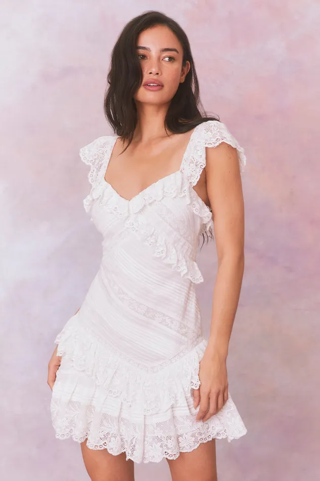 Women Dresses LoveShackFancy Bensley Fitted Lace Mini Dress True White