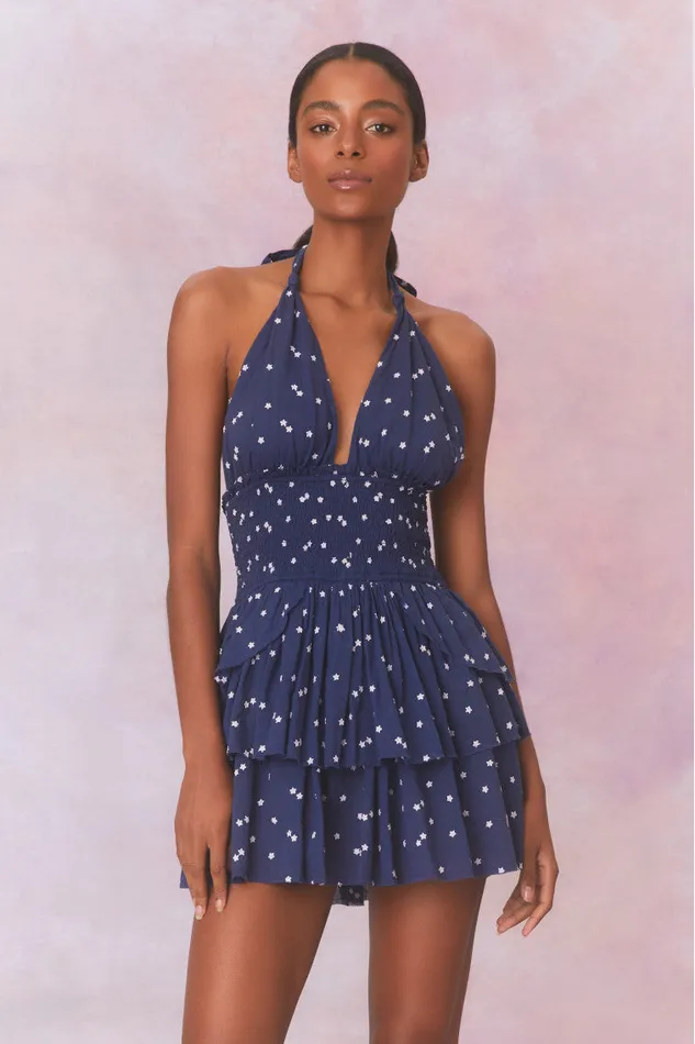 Women Dresses LoveShackFancy Deanna Star Print Cotton Halter Mini Dress Navy Nightfall