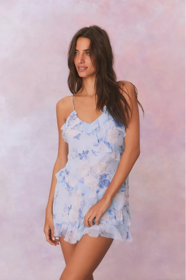 Women Dresses LoveShackFancy Lomina Fragrance Print Silk Mini Dress Whisper Blue Women Dresses LoveShackFancy Lomina Fragrance Print Silk Mini Dress Whisper Blue