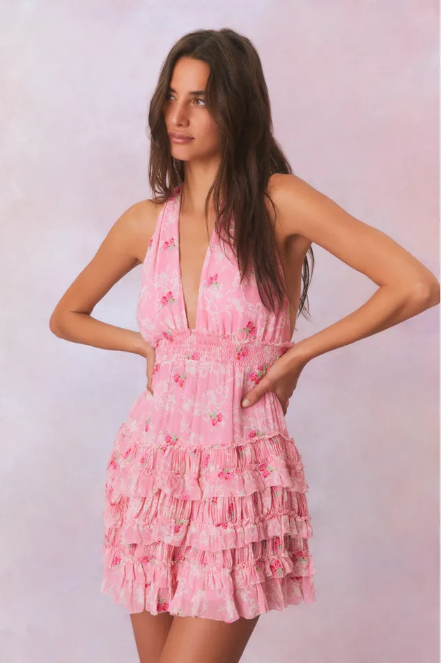 Women Dresses LoveShackFancy Quintelle Halter Floral Mini Dress Cherry Pink