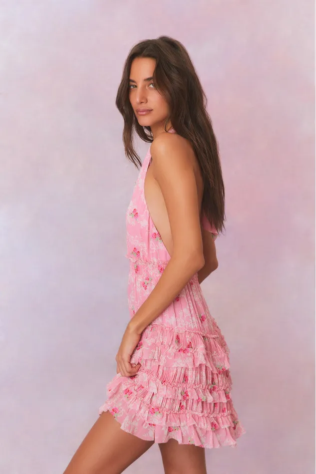 Women Dresses LoveShackFancy Quintelle Halter Floral Mini Dress Cherry Pink