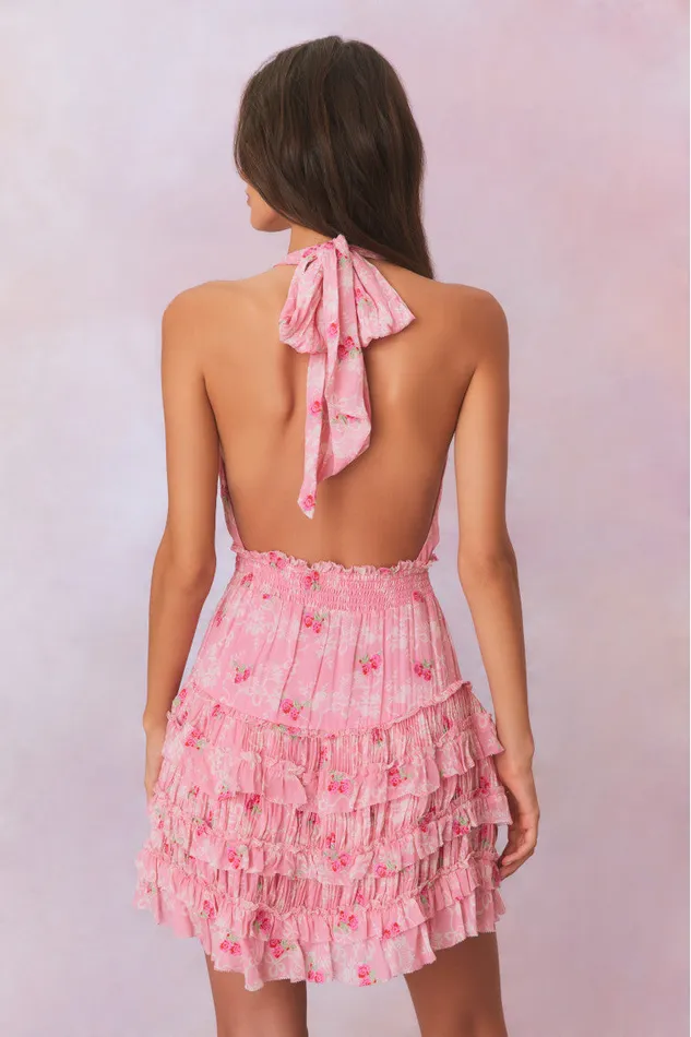 Women Dresses LoveShackFancy Quintelle Halter Floral Mini Dress Cherry Pink