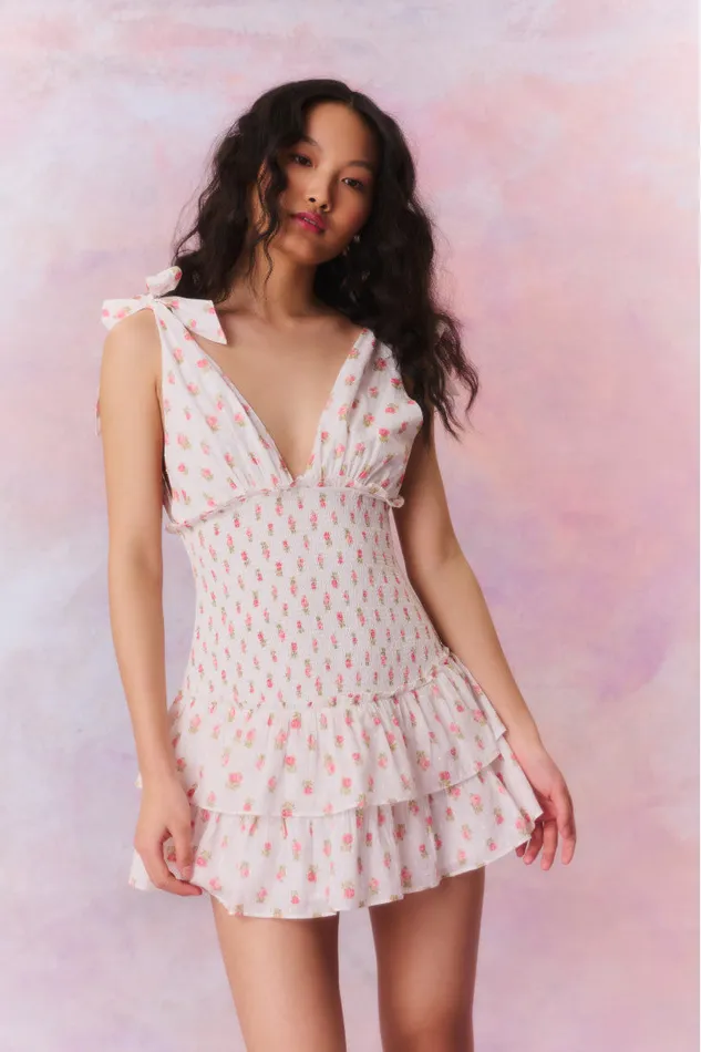 Women Dresses LoveShackFancy Rossi Cotton Floral Smocked Mini Dress Cerise Pink Women Dresses LoveShackFancy Rossi Cotton Floral Smocked Mini Dress Cerise Pink