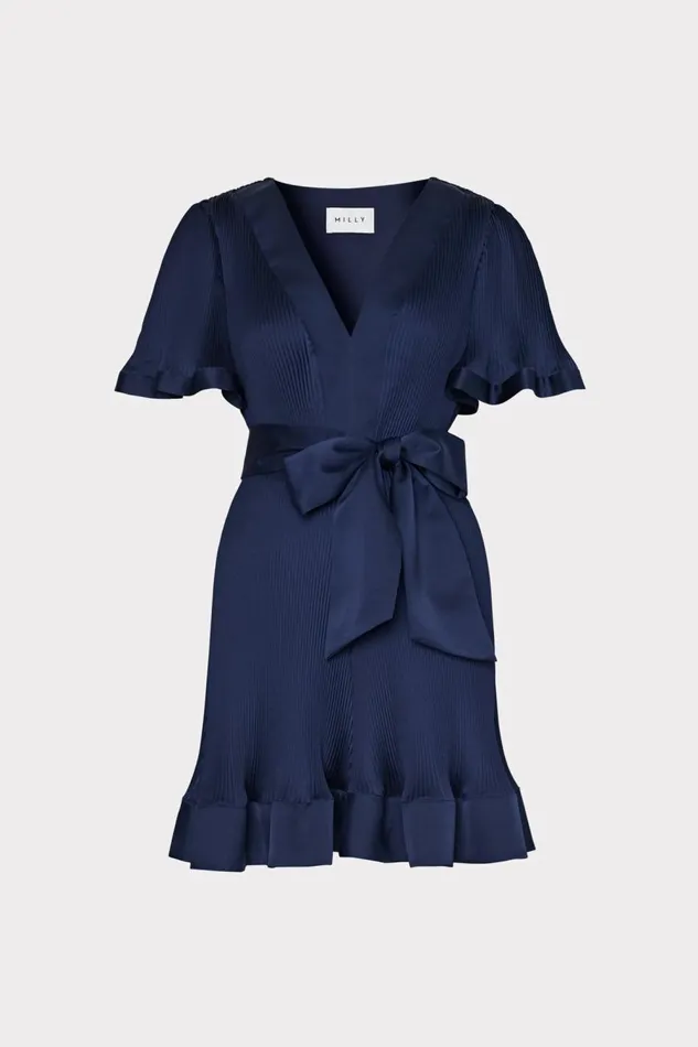 Women Dresses Milly Ellie Satin Pleated Mini Dress Navy