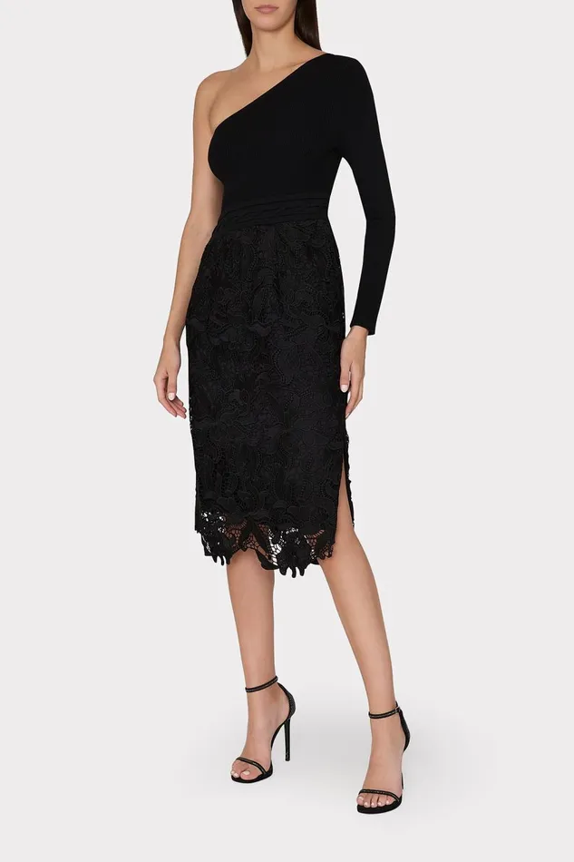 Women Dresses Milly Kingsley One Shoulder Combo Knit Midi Dress Black Women Dresses Milly Kingsley One Shoulder Combo Knit Midi Dress Black