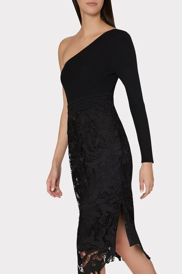 Women Dresses Milly Kingsley One Shoulder Combo Knit Midi Dress Black Women Dresses Milly Kingsley One Shoulder Combo Knit Midi Dress Black