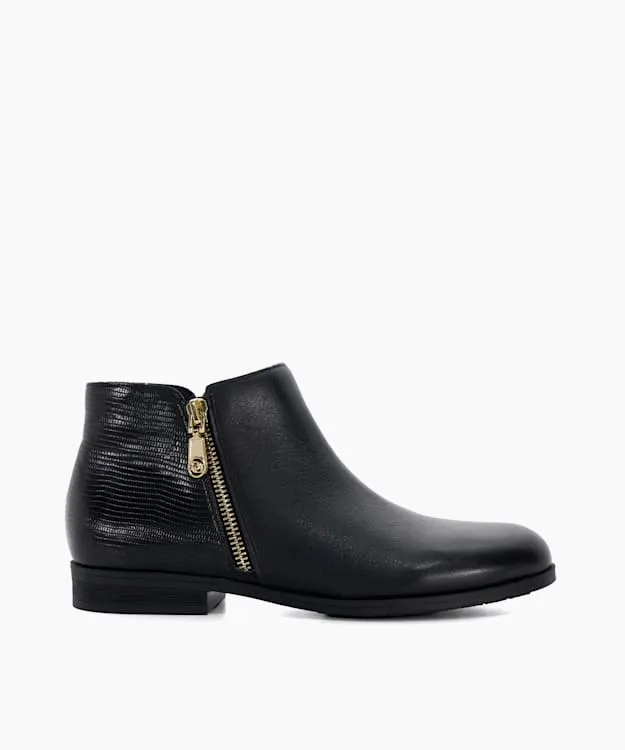 Women Dune London Ankle Boots Croc Effect Detail Low Heel Boots Black