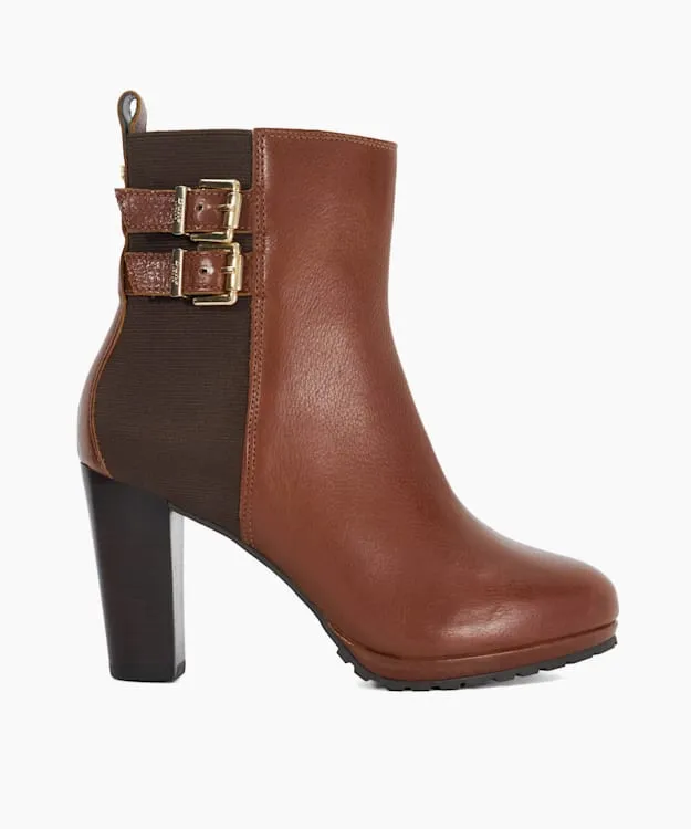 Women Dune London Ankle Boots Double Buckle Block Heel Boots Brown