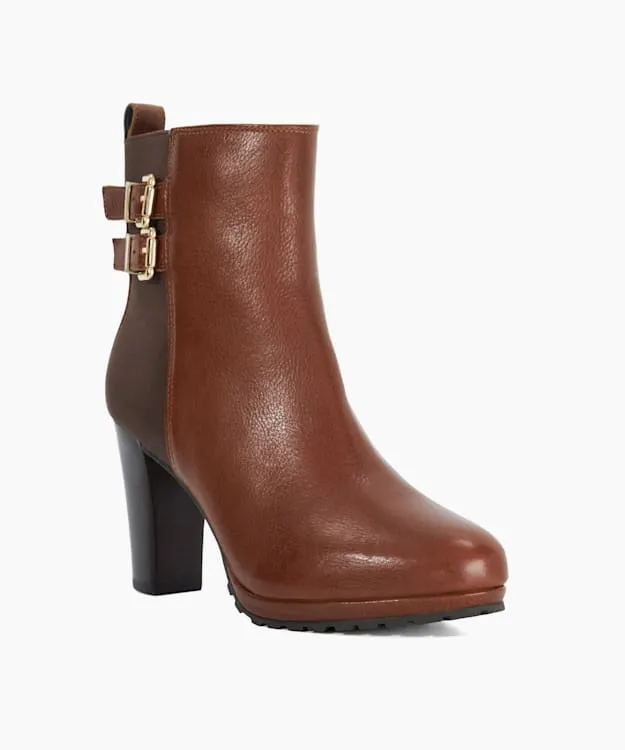 Women Dune London Ankle Boots Double Buckle Block Heel Boots Brown