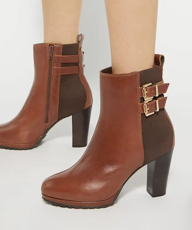 Women Dune London Ankle Boots Double Buckle Block Heel Boots Brown