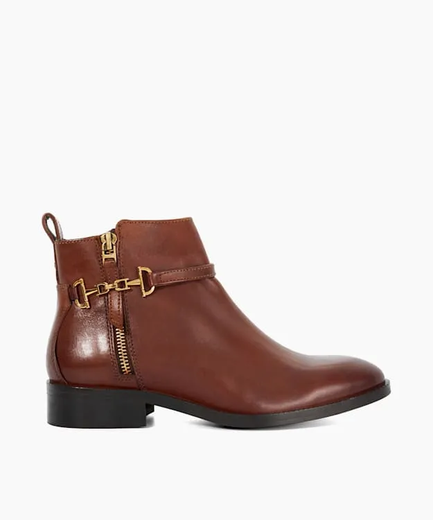 Women Dune London Flat Boots Leather BuckleDetail Ankle Boots Brown
