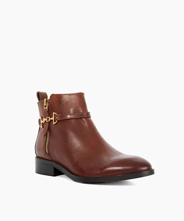 Women Dune London Flat Boots Leather BuckleDetail Ankle Boots Brown