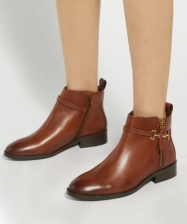 Women Dune London Flat Boots Leather BuckleDetail Ankle Boots Brown