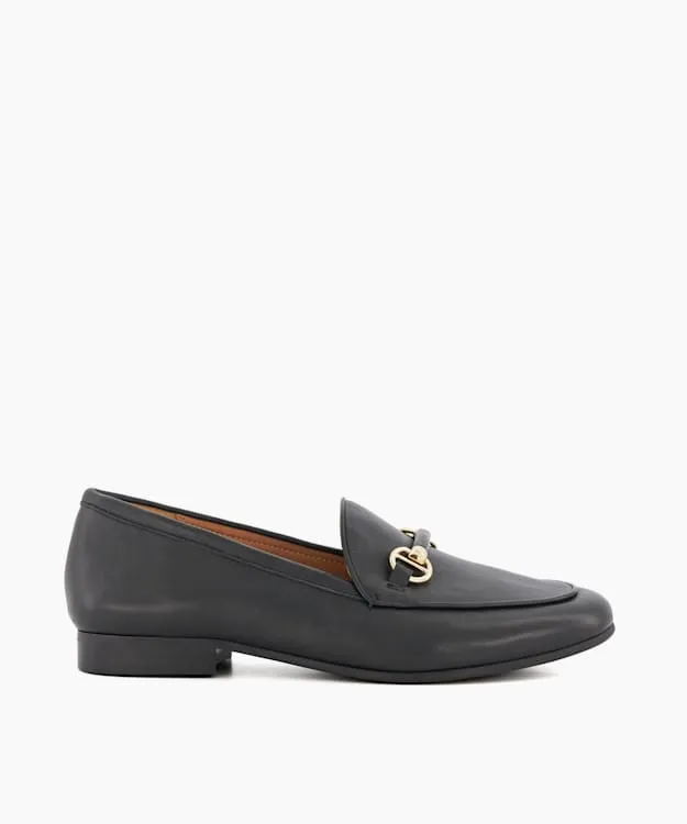 Women Dune London Flat Shoes MetalTrimSnaffle Loafers Black Leather