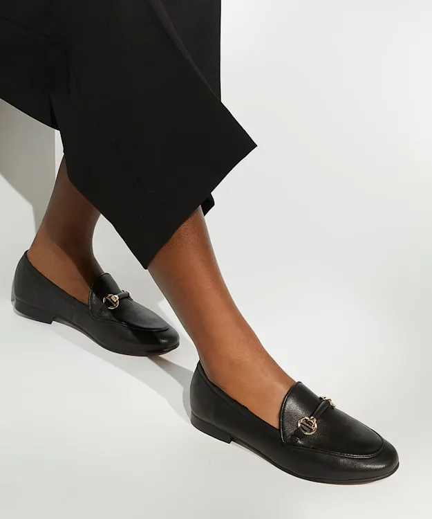 Women Dune London Flat Shoes MetalTrimSnaffle Loafers Black Leather