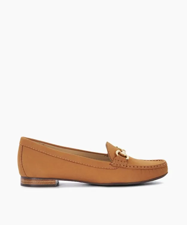 Women Dune London Flat Shoes Suede Snaffle Trim Loafers Brown