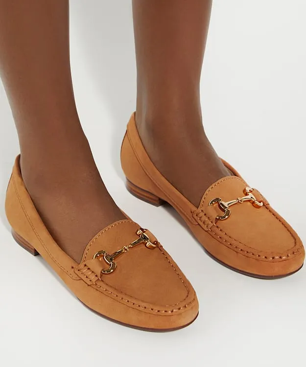 Women Dune London Flat Shoes Suede Snaffle Trim Loafers Brown