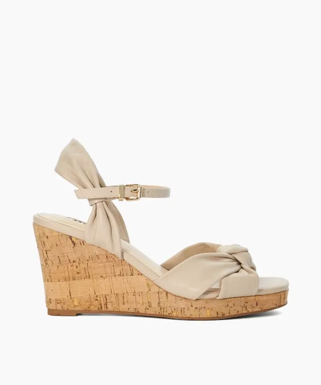 Women Dune London Heeled Sandals Leather Cork Wedge Neutral