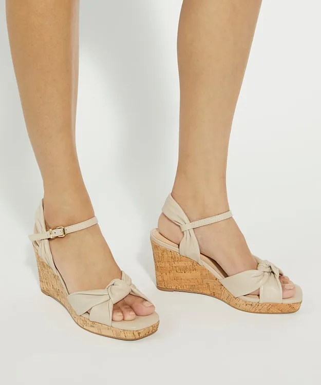 Women Dune London Heeled Sandals Leather Cork Wedge Neutral