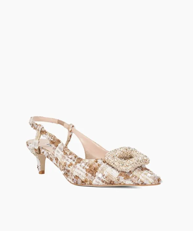 Women Dune London Heels Boucle Brooch Detail Kitten Heel SlingBack Neutral