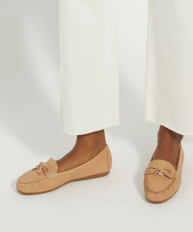 Women Dune London Loafers Leather Moccasins With Bow Detail Brown
