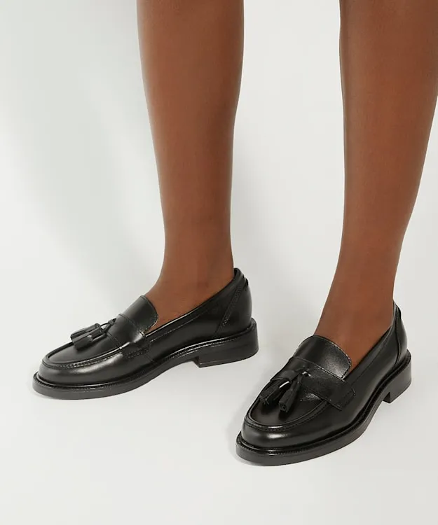 Women Dune London Loafers Leather Tassel Trim Loafers Black
