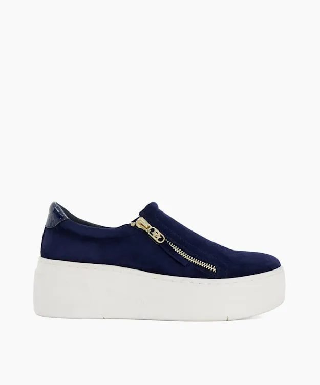 Women Dune London Trainers Suede Side Zip Chunky Flatform Trainers Blue