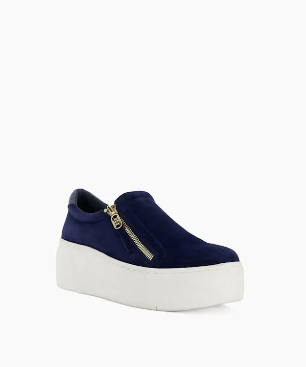 Women Dune London Trainers Suede Side Zip Chunky Flatform Trainers Blue