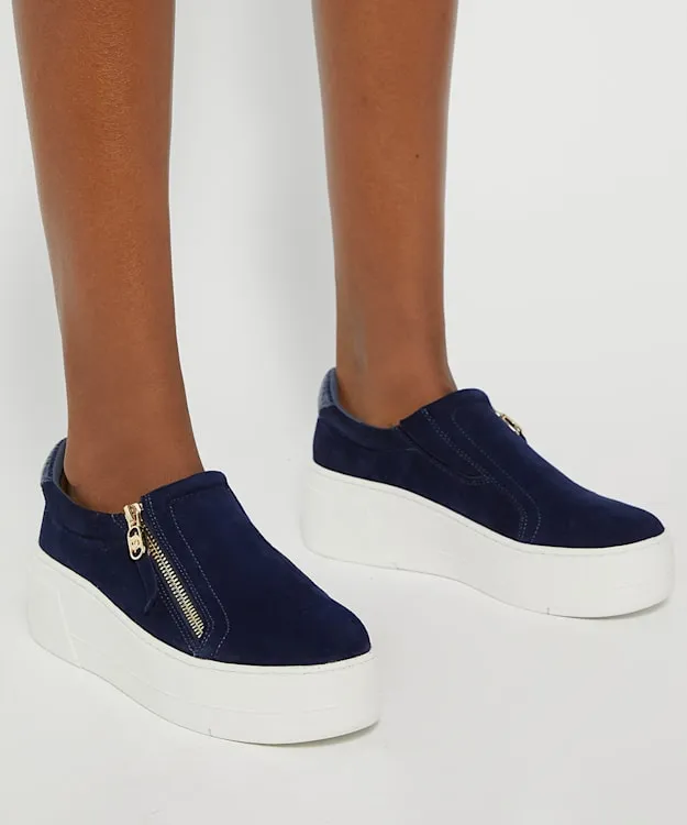 Women Dune London Trainers Suede Side Zip Chunky Flatform Trainers Blue