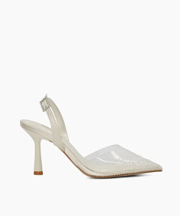Women Dune London Wedding Shoes Sea Pearl Embellished Vinyl Wedding Slingbacks White