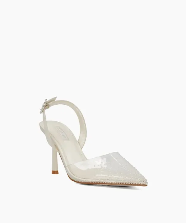Women Dune London Wedding Shoes Sea Pearl Embellished Vinyl Wedding Slingbacks White