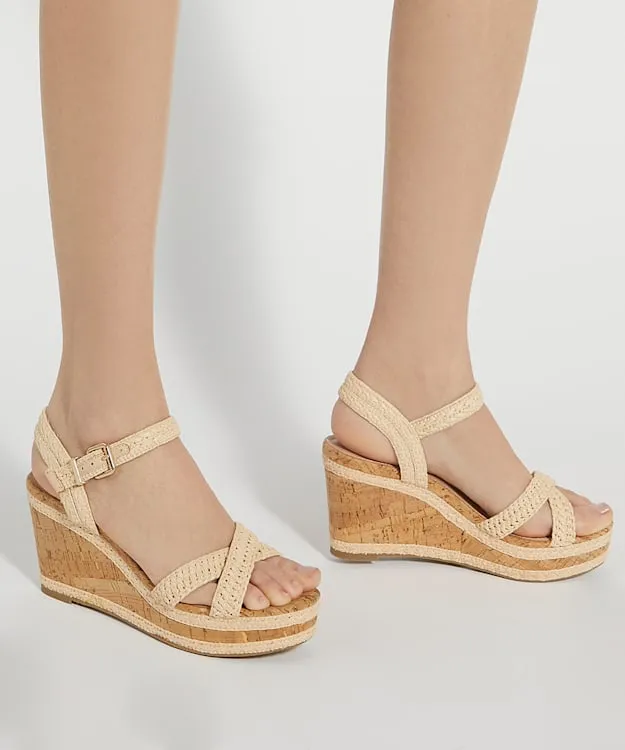 Women Dune London Wedge Sandals BraidedCrossStrap CorkWedge Sandals Neutral