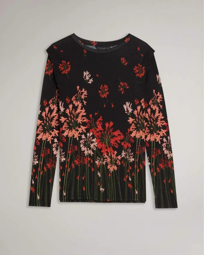 Women FEONLAA 8211 Printed Long Sleeve Top With Shoulder Pleat Black Ted Baker Tops and Blouses