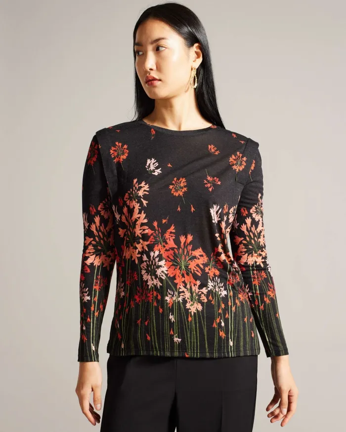 Women FEONLAA 8211 Printed Long Sleeve Top With Shoulder Pleat Black Ted Baker Tops and Blouses