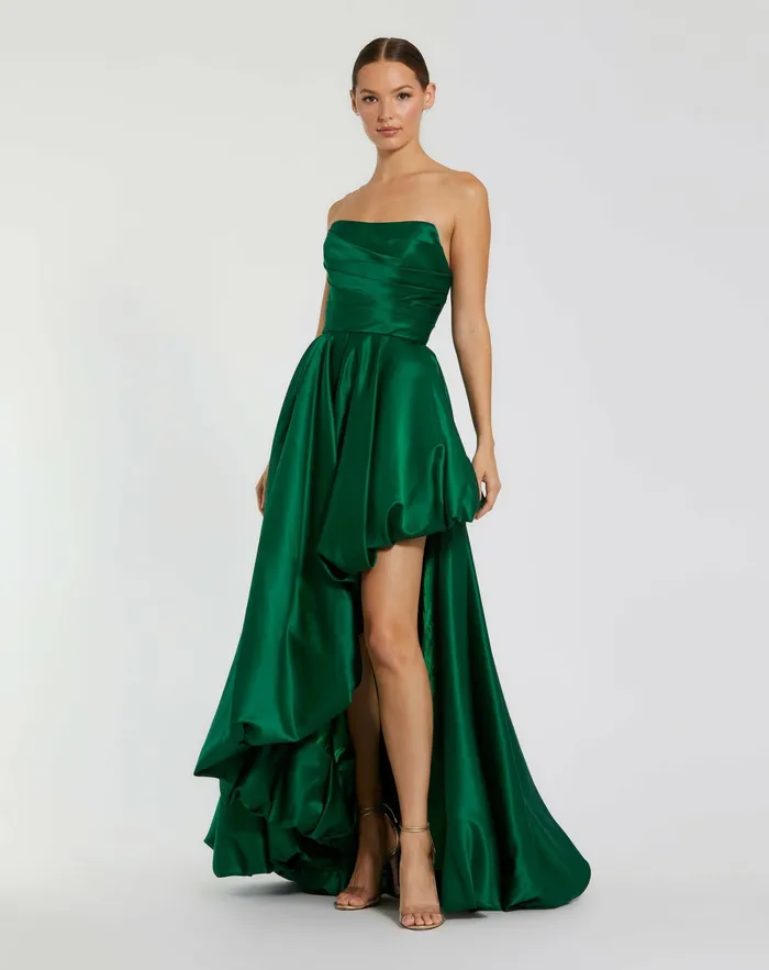Women Green Strapless Ruched High Low Gown Emerald Evening Gowns Mac Duggal