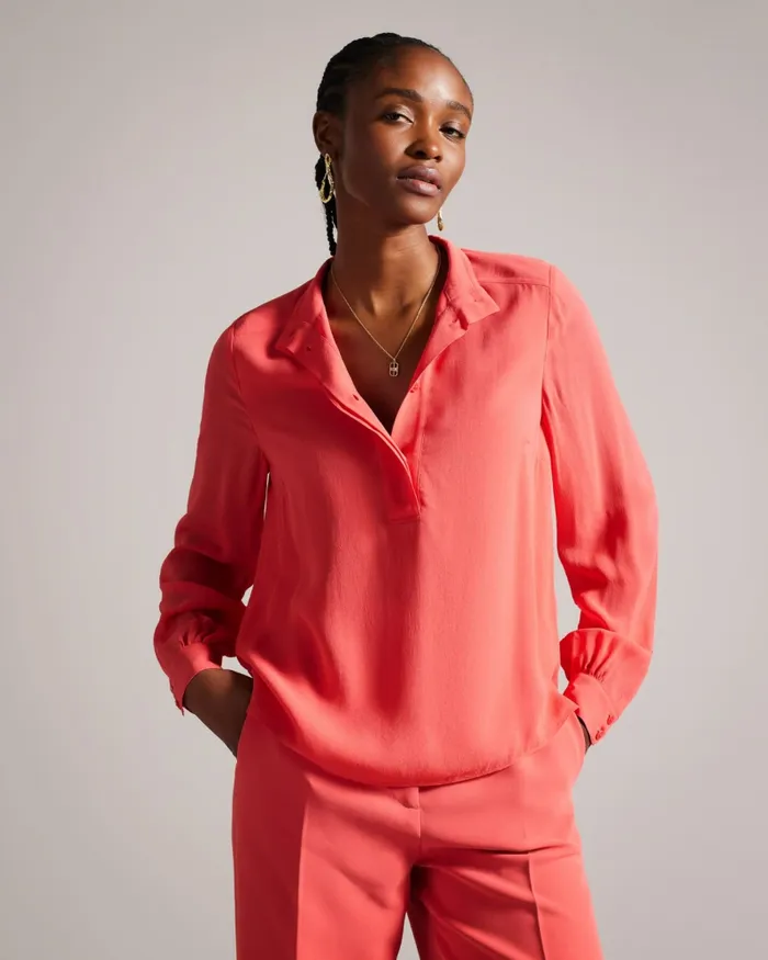 Women HENDRA 8211 Stand Collar Blouse With Half Placket Coral Ted Baker Tops and Blouses Women HENDRA 8211 Stand Collar Blouse With Half Placket Coral Ted Baker Tops and Blouses