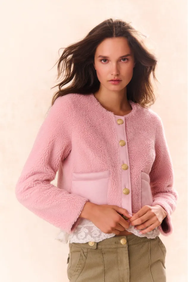 Women Jackets and Coats LoveShackFancy Lully Faux Shearling Jacket Rose Dust