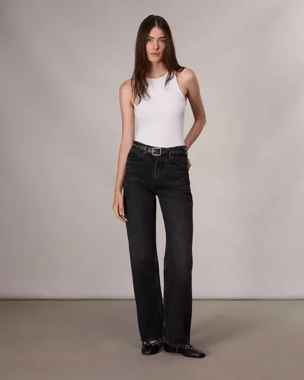 Women Jeans Rag and Bone Shea Relaxed Straight Jean Lightweight Rigid Denim Black Stone