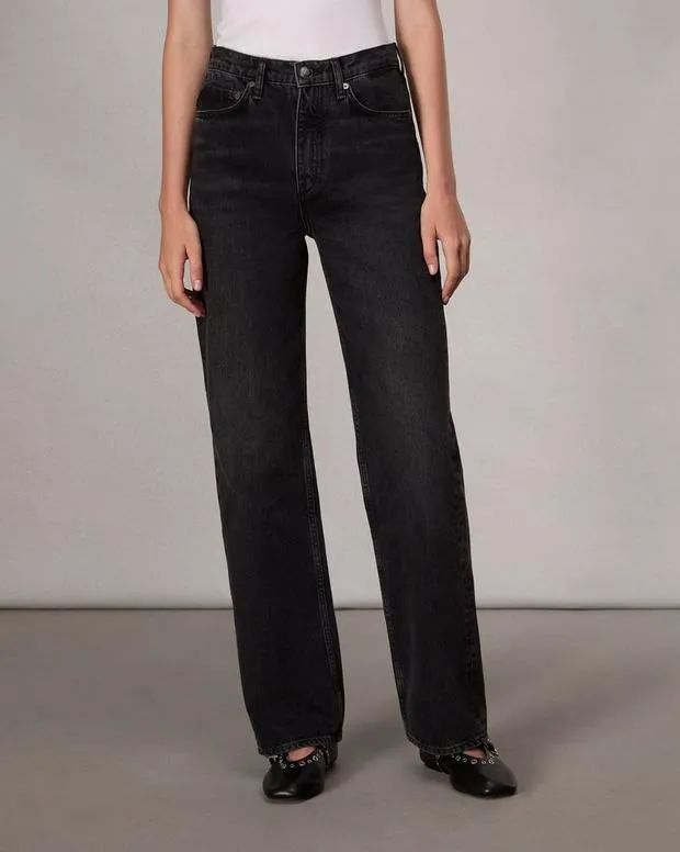 Women Jeans Rag and Bone Shea Relaxed Straight Jean Lightweight Rigid Denim Black Stone